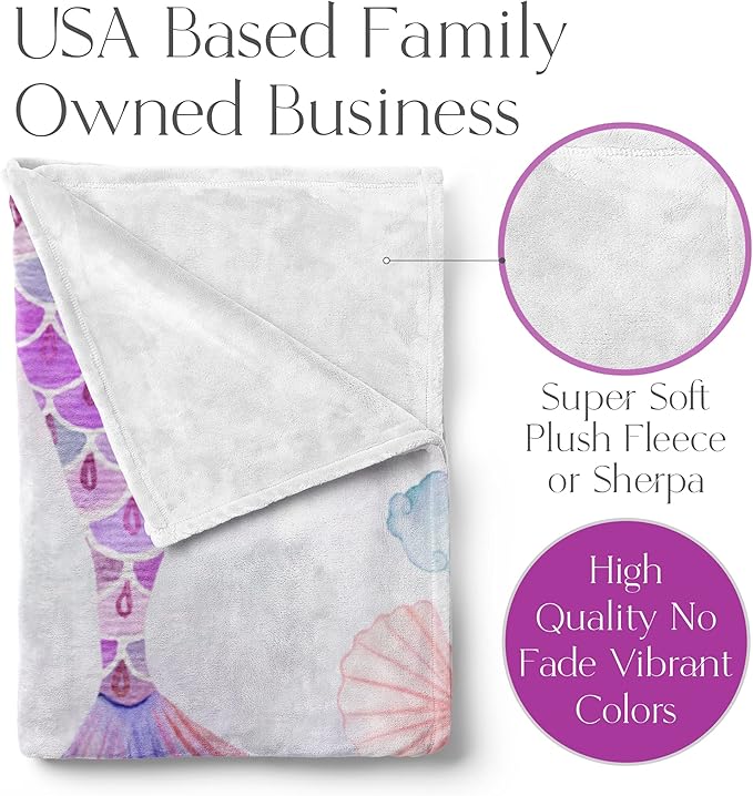 Personalized Blanket for Girls | Custom Mermaid Fleece Throw | Purple Kids Throw | Baby Girl Blanket for Room Décor | Girls Room | Kids Blanket | Mermaids (Fleece – 50x60)