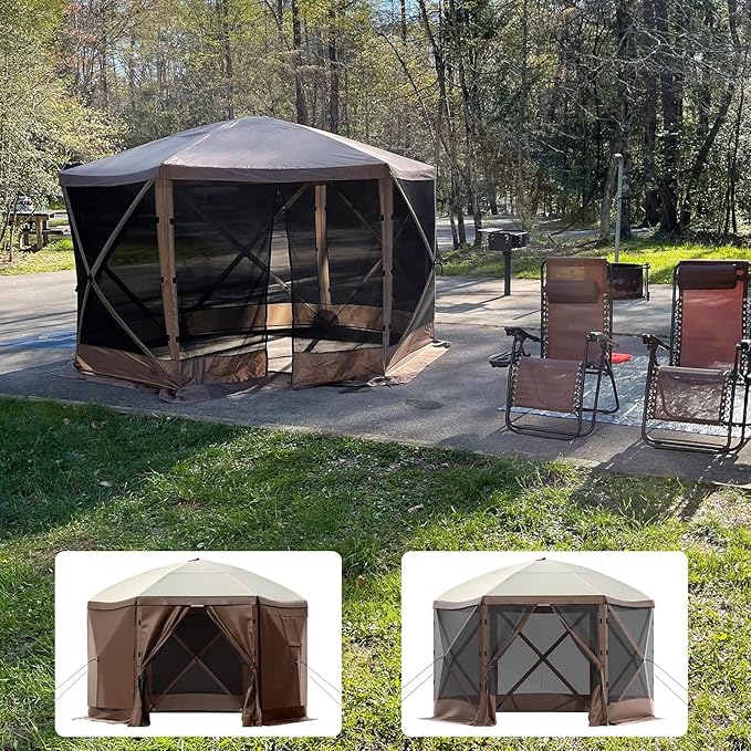 10 x 10 FT Gazebo Tent, Pop Up Design Camping Gazebo Tent, 6-Sided Pop-up Canopy Shelter Tents Portable 8 Person Gazebos Screen Tents for Camping and Backyard Activities