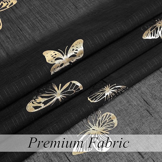 Jubilantex Black and Gold Butterfly Sheer Curtain Panels 52 Inches Wide for Kids Girls Bedroom, Elegant Gold Print Voile Rod Pocket Curtains, 63 Inch Long, Set of 2