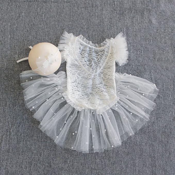 Newborn Lace Romper, 2 PCS Baby Girl Photography Props, Newborn Girl Photography Outfits with Flower Headband for Infants