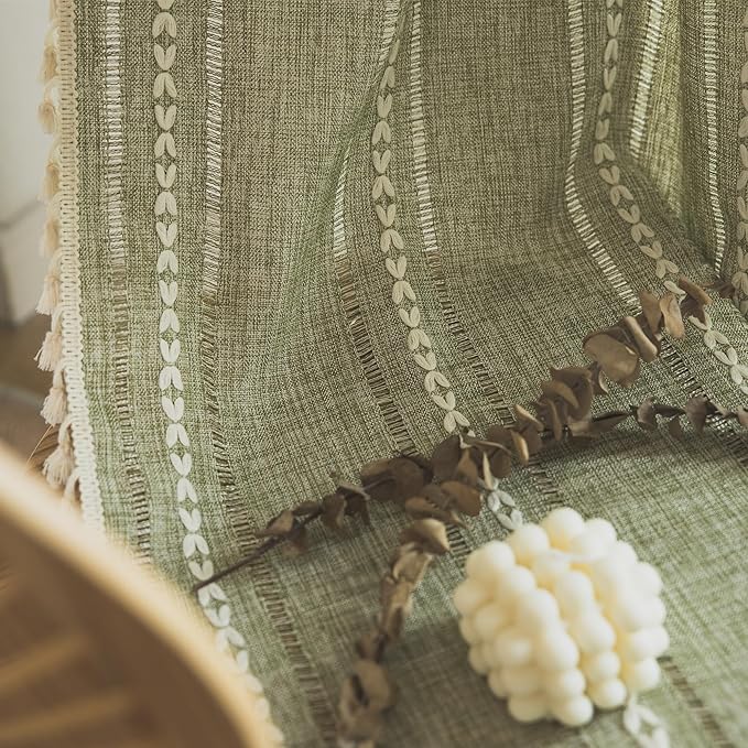 Deeprove Green Boho Curtain 84 Inches Long for Bedroom Dining Room Kitchen Closet, Bohemian Chic Textured Embroidery, Vintage Handmade Tassels Christmas Decor Drape, Rod Pocket, 1 Panel W52 x L84