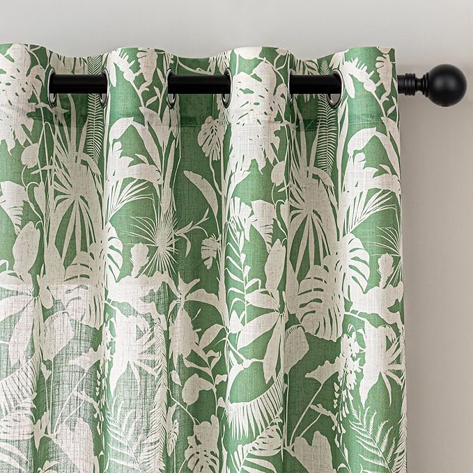 MYSKY HOME Tropical Linen Curtains for Living Room 84 inch Length 2 Panels Set Decor Semi Sheer Curtains Green Palm Leaves Plant Pattern Window Drapes for Bedroom Dining Room Patio, Green, 2 Pcs