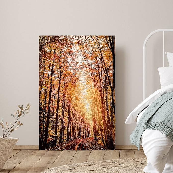 SIGNWIN Canvas Print Wall Art Rustic Trail Red Autumn Forest Nature Wilderness Photography Modern Art Farmhouse/Country Landscape Colorful Multicolor Ultra for Living Room, Bedroom, Office - 24x36