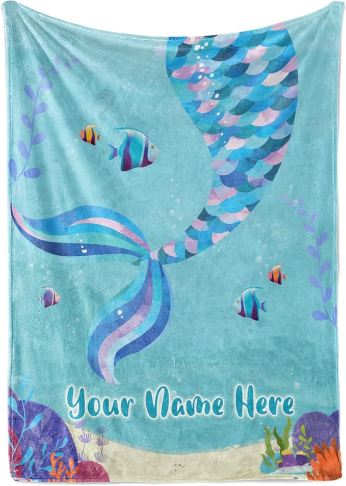 Personalized Mermaid Blanket for Girls | Kids Unicorn | Custom Plush Fuzzy Unicorns for Toddler | Customized Little Girl Throw Blankets | Baby Girl Sofa Bed Birthday (Fleece – 30x40)