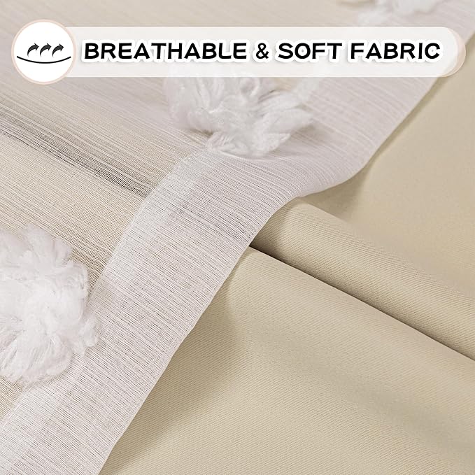 MYSKY HOME Kids Curtains for Girls Bedroom Double Layer Curtain for Daughter Room 84 Inches Long Pom Pom Sheer Drapes Beige Curtains for Living Room Grommet Room Darkening Panels W52 X L84