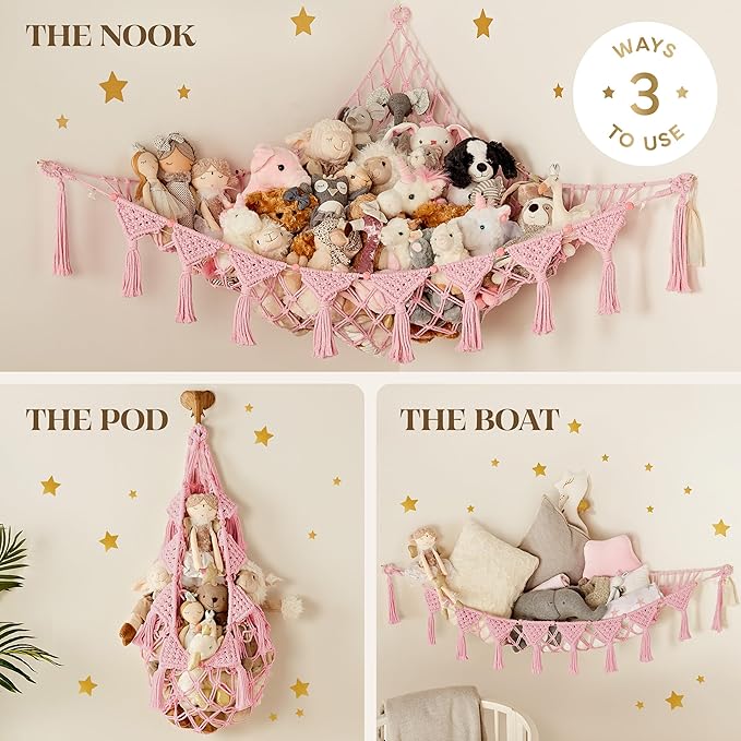 Stuffed Animal Hammock Corner | Sturdy Handcrafted Stuffed Animal Net | 4mm Double Macrame Cord Stuffed Animal Holder | Natural 100% Cotton Plushie Net | Toy Hammock w/LED Light (Pink)