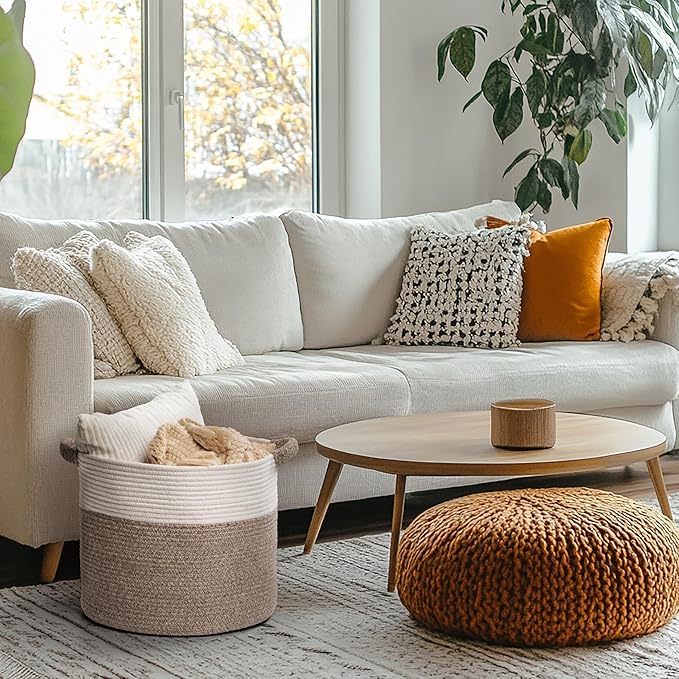 Blanket Basket - Woven Round Rope Storage Basket (16"Wx14"H) for Blankets & Throws, Small Laundry & Toy Organizer, Decorative Living Room & Bedroom Cotton Basket - White & Brown