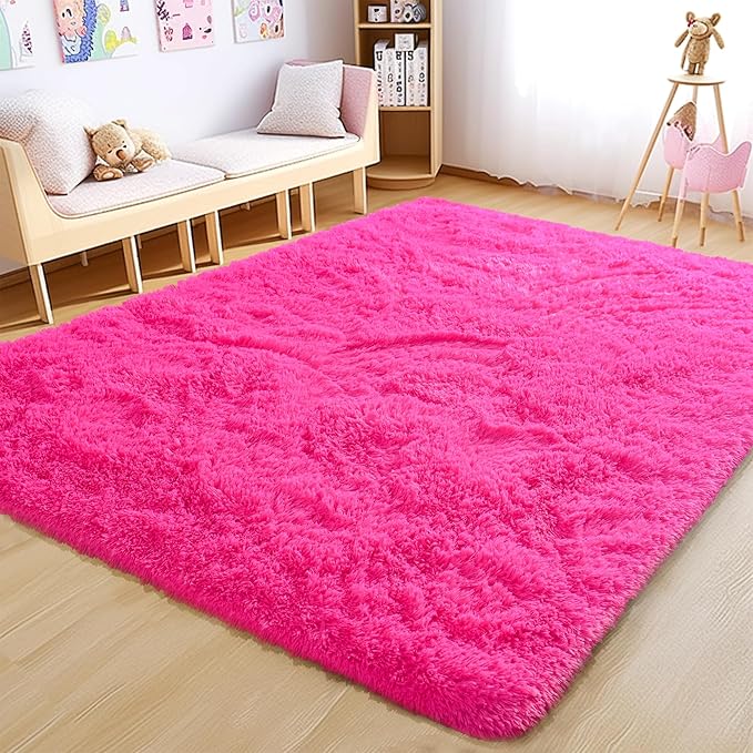 Fluffy Rug Stain Resistant 6x9 Feet, Hot Pink Throw Rugs Bedroom Nursery Rug Furry Throw Carpets for Teen Girls