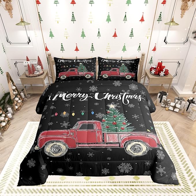 Castle Fairy Merry Christmas Theme Kids Comforter Set Queen,Xmas Tree Red Truck Snowflake Watercolor Graffiti Print Bedding Set for Men Women Adults Bedrrom Decor,Farmhouse Vintage Rustic Quilt 3 Pcs