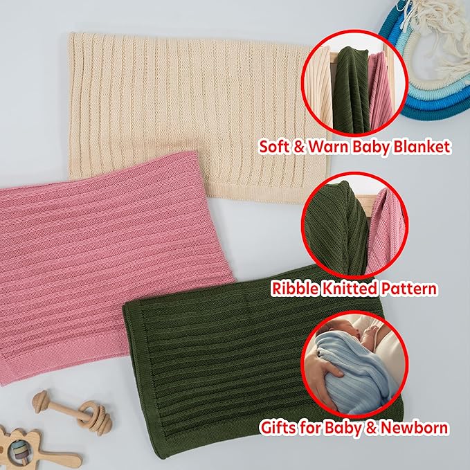 Baby Knit Blanket, 100% Cotton Ribble Patterns, Soft, Cozy, Lightweight Swaddle for Newborn & Infant Swaddling Beige Neutral, Perfect Baby Shower Ideas Baby Blue 30x30
