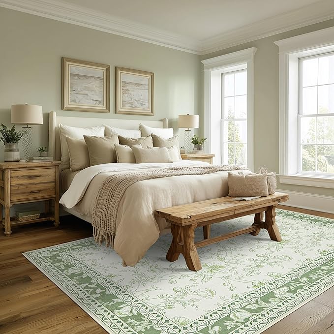 Green Area Rugs 6x9 Living Room Washable Boho Vintage Sketch Floral Sage Cream Beige Rugs for Bedroom Non Slip Soft Carpet for Dining Room Kids Girls Nursery, Lounge Peony Lily Pattern Floral Rug