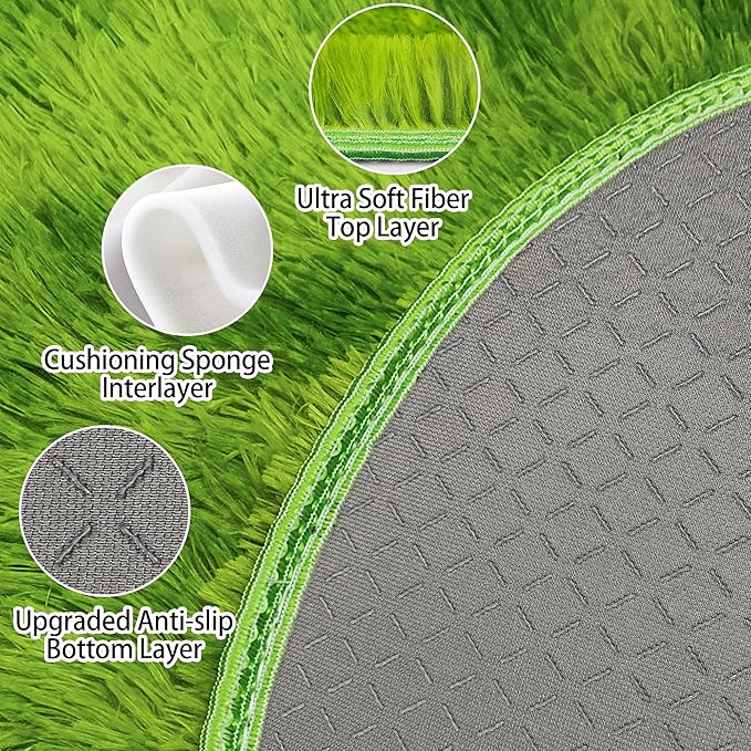 6 ft Large Fluffy Green Grass Area Rugs for Bedroom,Soft Shaggy Round Rugs Plush Fuzzy Circle Area Rug for Living Room Kids Playroom Room Baby Toddler Nursery Home Decor Aesthetic