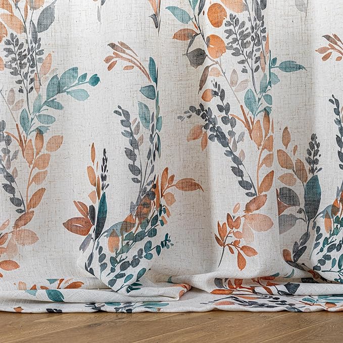 MYSKY HOME Curtains for Living Room Semi Sheer 84 inch Length Light Filtering Privacy Protect Drapes Set Linen Blended Texture Soft Touch Leaves Pattern Treatment, 52" Wide, Burnt Orange, 2 Panels