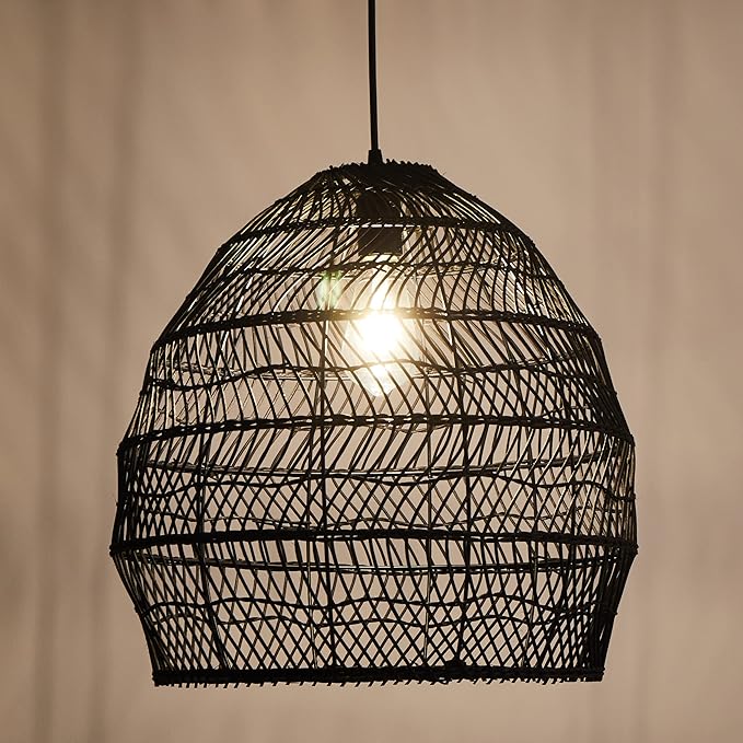 Bamboo Pendant Light Fixture Boho Style 1 Lights Rattan Pendant Lamp Woven Hanging Light for Kitchen Island Nursery in Black(17.7" W)