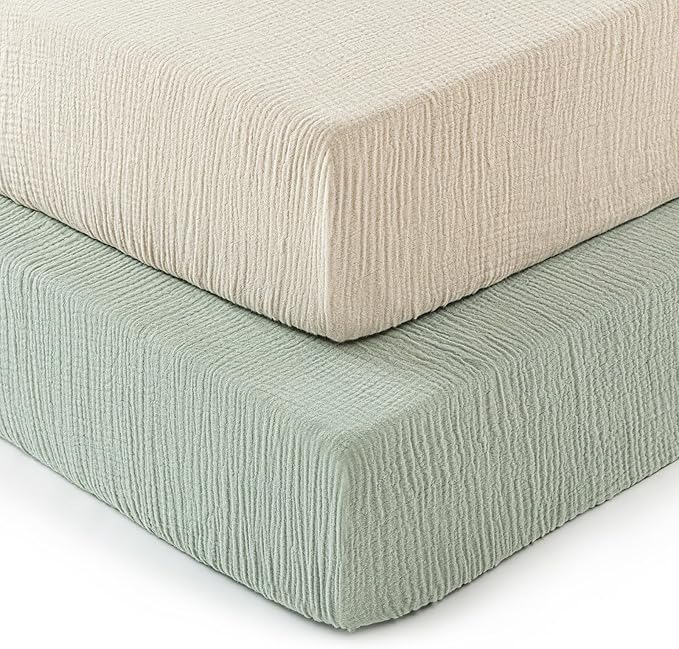 david's kids Muslin Crib Sheets for Boys Girls, 2 Pack 100% Cotton Soft Breathable Fitted Baby Neutral Sheet Set, Standard 52"x28" Crib and Toddler Mattress, Oat Milk & Sage Green