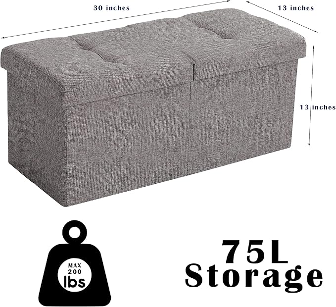 Cuyoca Foldable Seat Footrest Shoe Bench End of Bed Storage with Flipping Lid, 75L Storage Space, 30 inches Linen Fabric Beige