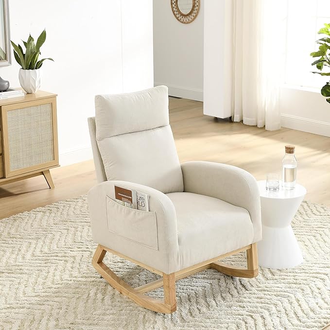 Dolonm Nursery Rocking Chair for Living Room, Upholstered Mid-Century Modern Nursery Rocking Armchair Tall Back Accent Glider Rocker, Beige