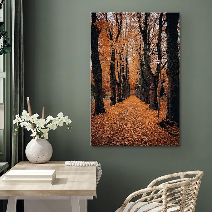SIGNWIN Canvas Wall Art Orange Autumn Garden Path Nature Forest Photography Realism Rustic Scenic Dramatic Multicolor Cool for Living Room - 24"x36" inches