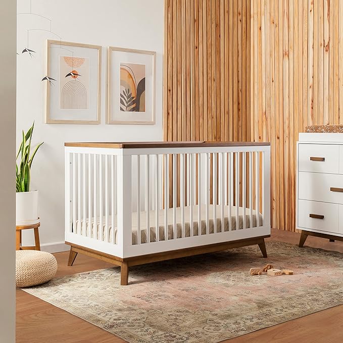 Babyletto Scoot 3-in-1 Baby Crib Convertible to Wooden Toddler Bed, Daybed - GREENGUARD Gold Certified - Easy Assembly, Made of 100% Solid Wood - Includes Toddler Conversion Kit - White/Natural Walnut