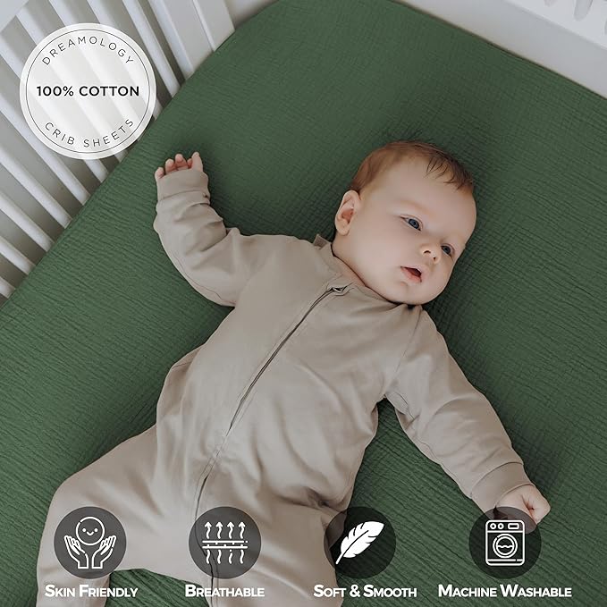 Dreamology Muslin Crib Sheets 2 Pack, 100% Cotton Crib Sheet Fitted, for Girls, Boys, Muslin Crib Sheet for Standard Crib, 52x28 Crib Mattress Sheets, Standard Crib Sheets | Green and Light Green