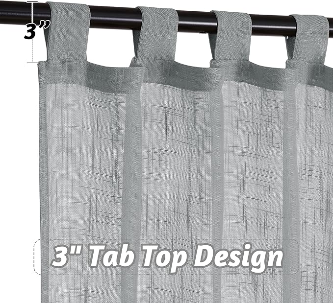 RYB HOME Grey Sheer Curtains - Linen Textured Semi Sheer Privacy Protect Light Glare Filtering Window Curtains for Bedroom Living Room, W 52 x L 84 inches, 1 Pair, Gray