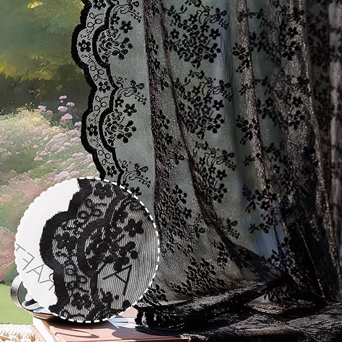 Anmao Vintage Lace Curtains 80 Inches Long 2 Panels Set, Romantic Elegant Light Filtering Semi Sheer Floral Thick Lacy Curtain Drapes for Living Room and Bedroom, Each Panel 55W x 80L, Black