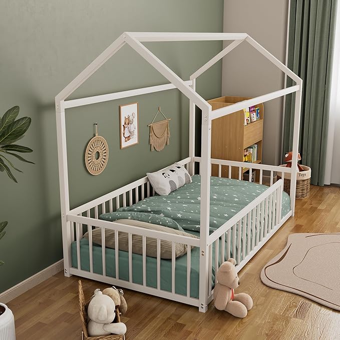Twin Size Metal Floor Bed Frame,House Shaped Bed with Fence for Kids and Toddlers,Easy Assemble, No Slats,White