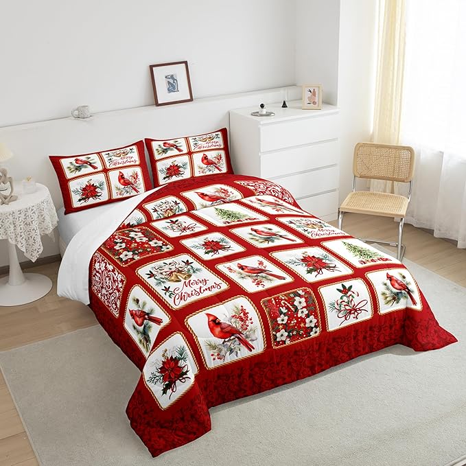Castle Fairy Merry Christmas Full Size Comforter Set,Red Patchwork Xmas Themed Plaid Bedding Comforters Bedroom Collection,Cardinals Berries Bells Floral Pine Bedding Set for Girls Teens