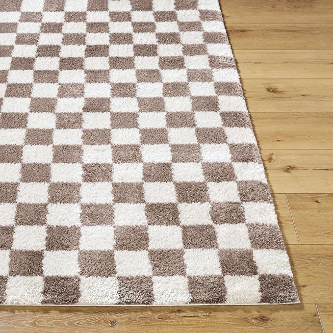 Hauteloom Canika Modern Checkered High Pile Area Rug - Contemporary Geometric Carpet for Living Room, Bedroom - Machine Washable Area Rug - Peach, Dark Brown - 2' x 2'11"