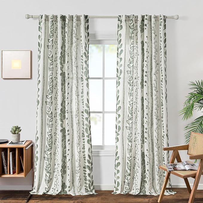 MEETSKY Sage Green Curtains 108 Inches Long 2 Panels Boho Curtains for Living Room Light Filtering Patterned Drapes for Bedroom Linen Style Back Tab Leaf Print Window Treatment, 50” Wide Each Panel