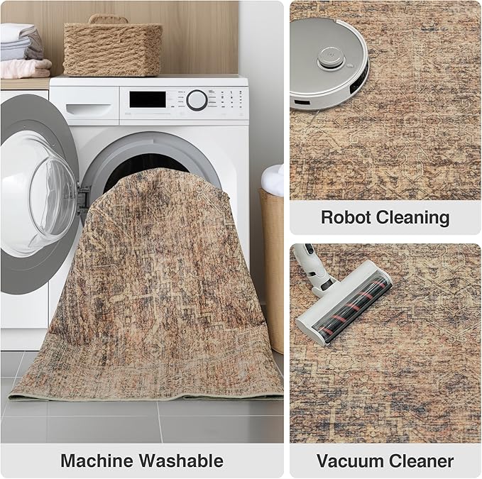 Fmfunctex 6x9 Washable Area Rug Rust Brown Vintage Neutral Distressed Oriental Large Non Slip Carpet for Living Room Bedroom Soft Low Pile Indoor Retro Throw Rug for Dining Room Kitchen Office Nursery