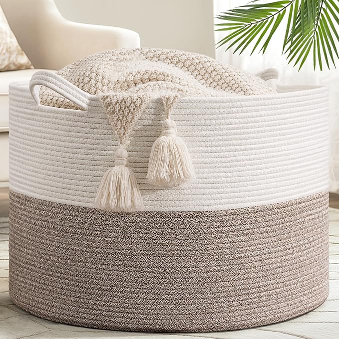 Goodpick 115L Extra Large Blanket Basket, 23.5"x23.5"x15.8" Woven Rope Basket for Storage, Kids Toy Storage for Nusery Room, Mele