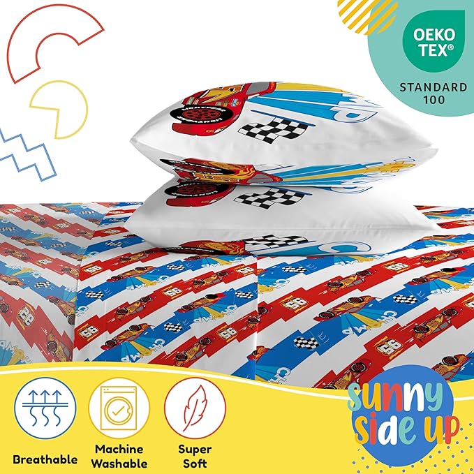 Sunny Side Up Disney Pixar Cars Lightning McQueen Full Sheet Set - 4 Piece Kids Racecar Bedding Set Includes Pillow Cover - Super Soft Microfiber Sheets