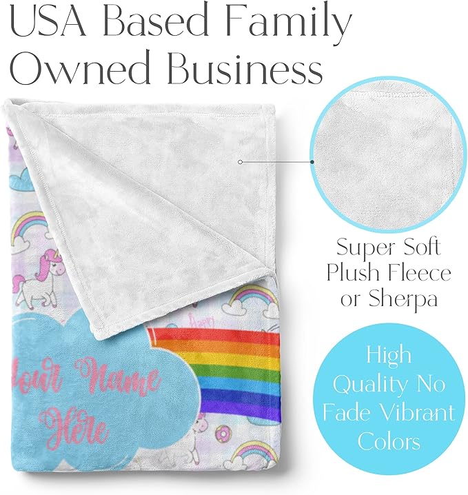 Personalized Rainbow Unicorn Throw Blanket for Girls and Boys with Custom Name, Cute Soft Bedding for Nursery Room or Tummy Play, Warm and Plush (Fleece 50x60)