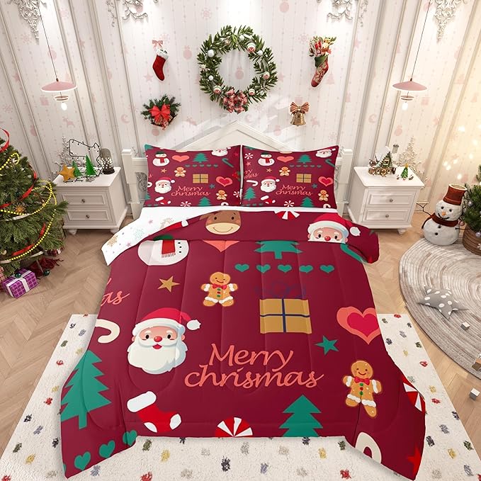 Feelyou Merry Christmas Comforter Set All Season Santa Claus Snowman Bedding Set with 2 Pillow Cases Gingerbread Man Microfiber Kids King Bedclothes Xmas Tree Deer Bedroom Decor Duvet Quilt Soft