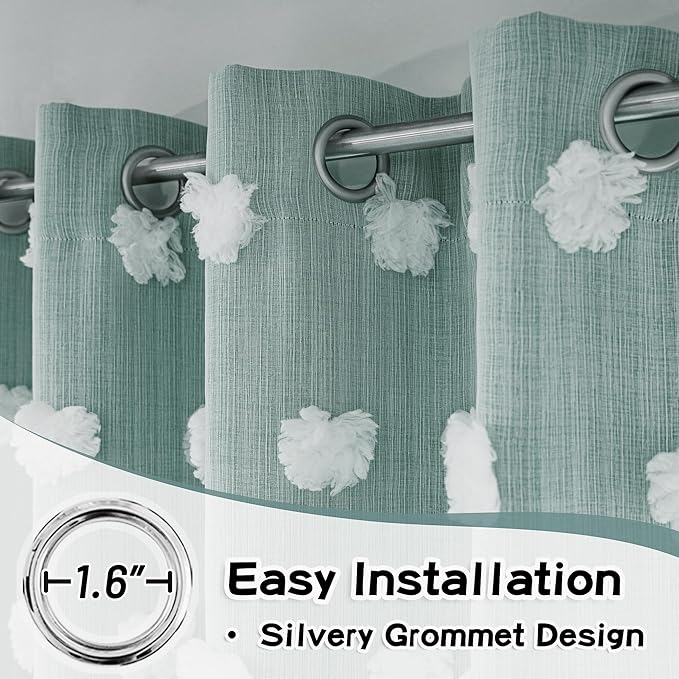 MYSKY HOME Teal Curtains for Kids Room Nursery Curtains 72 Inches Long for Girls Bedroom Double Layer Curtains White Pom Pom Sheer Curtains for Dining Room Grommet Room Darkening Panels W52 X L72