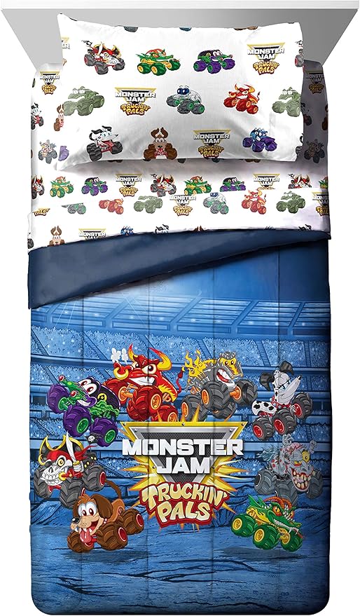 Monster Jam Truckin Pals 5 Piece Twin Bed Set - Includes Comforter & Sheet Set - Bedding Features Grave Digger & Megalodon - Super Soft Fade Resistant Microfiber (Official Monster Jam Product)