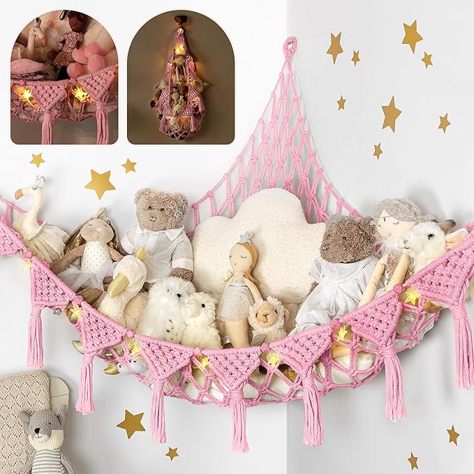 Stuffed Animal Hammock Corner | Sturdy Handcrafted Stuffed Animal Net | 4mm Double Macrame Cord Stuffed Animal Holder | Natural 100% Cotton Plushie Net | Toy Hammock w/LED Light (Pink)