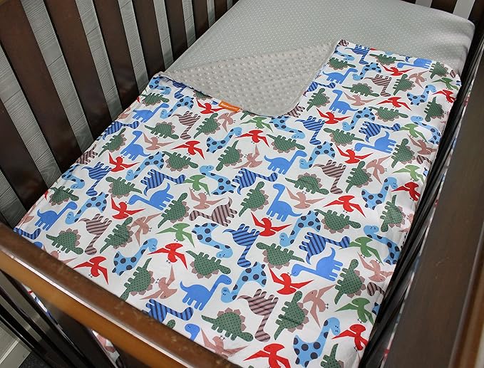 Top Tots Baby Blanket - Dinosaur with Grey Minky Dot, 38.5 x 29 Inch Blue, Green & Red