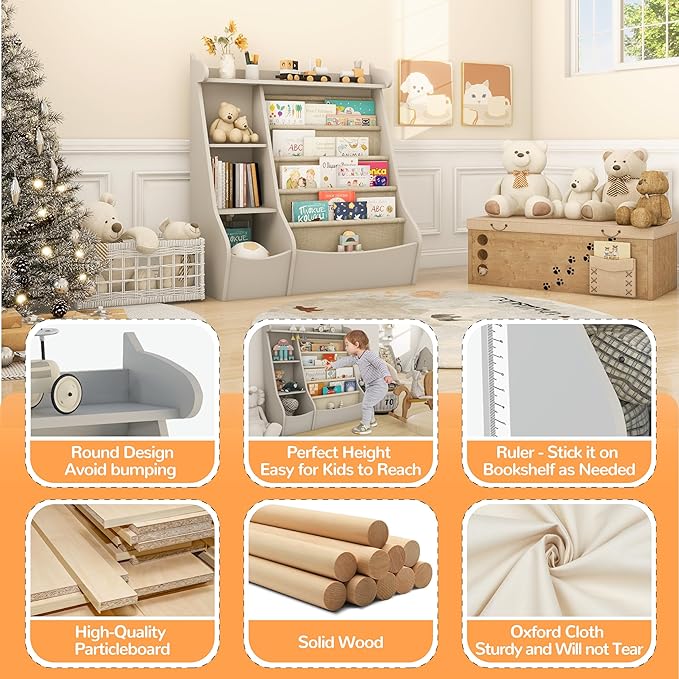FKWin Montessori Bookshelf and Toy Storage Organizer - 5-Tier Kids Book Shelf for Kids Rooms,Deer Head Montessori Shelf,Grey