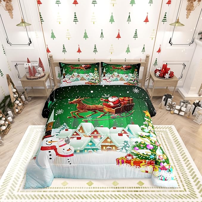 Manfei Christmas Comforter Set King Size, Snowman Xmas Tree Quilt Set with 2 Pillowcases, Santa Claus with Deer Bedding Set 3pcs for Kids Boys Girls Room Decor New Year Theme Duvet Insert