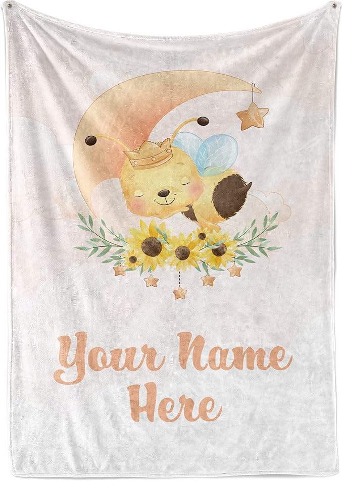 Personalized Baby Blankets with Name | Bumble Bee Custom Baby Girl and Baby Boy Newborn Blanket | Unisex Warm Soft Sherpa Swaddle Blanket Minky | (Bee, Sherpa 60"x80")
