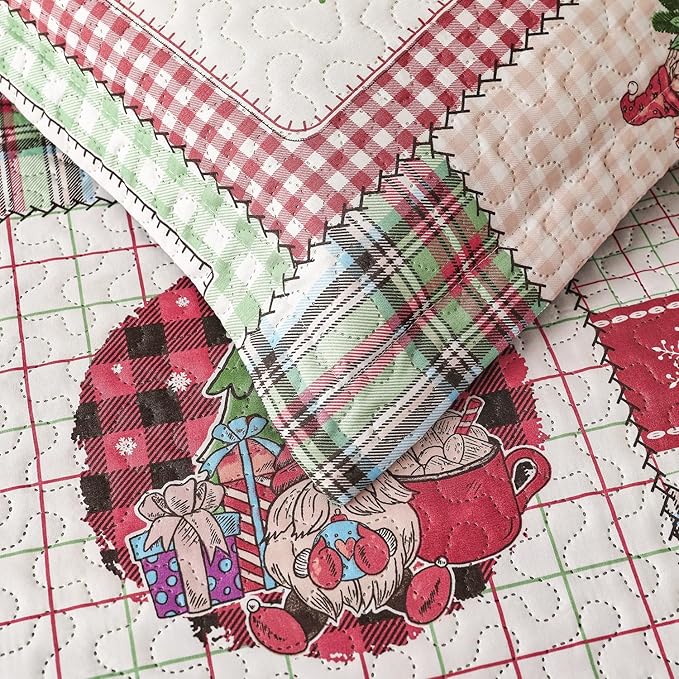 Christmas Bedding Set Queen Quilt Bedspread Coverlet,Plaid Patchwork Christmas Quilt Bedding Holiday Xmas Bedspread Lightweight Reversible Gnome Santa Claus Home Festival Decor