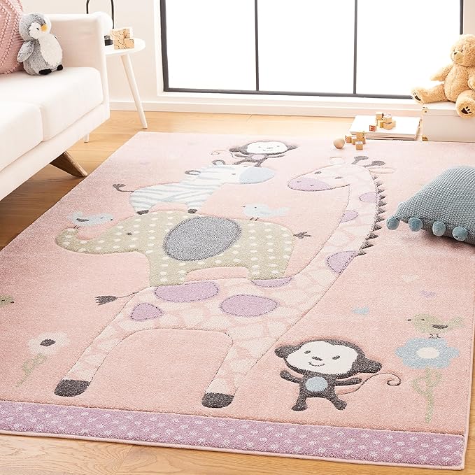SAFAVIEH Carousel Kids Collection Area Rug - 4' x 6', Blush Pink, Animal Design, Ideal for High Traffic Area for Boys & Girls in Playroom, Nursery, Bedroom (CRK120U-4)