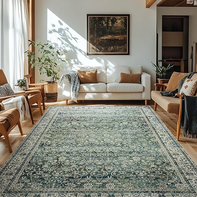 Dark Green Rug for Bedroom Neutral Boho Farmhouse Floral Washable Soft Faux Wool No Slip Area Rugs for Living Room Home Office,5x8