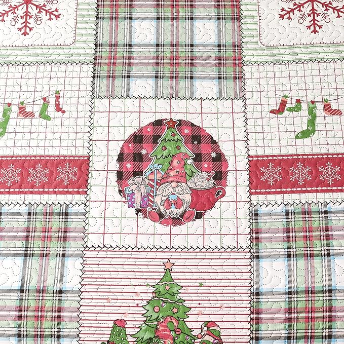 Christmas Bedding Set Queen Quilt Bedspread Coverlet,Plaid Patchwork Christmas Quilt Bedding Holiday Xmas Bedspread Lightweight Reversible Gnome Santa Claus Home Festival Decor