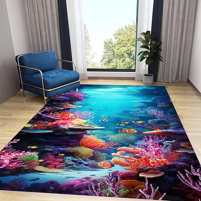 Under The Sea Area Rug, 5x8ft, Underwater World Coral Carpets for Bedroom, Marine Animal Tropical Fish Non-Slip Carpet, Low Pile Thin Absorbent Machine Washable Rugs for Living Room