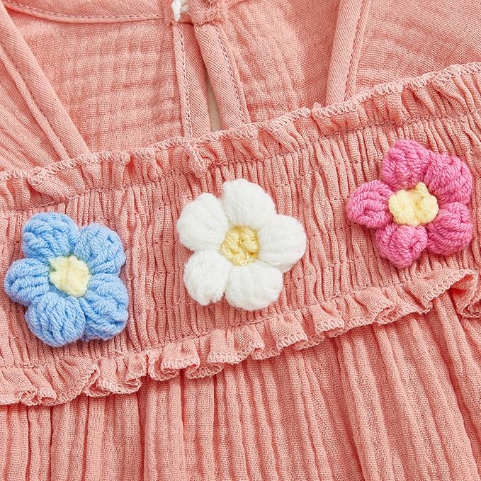 Gaono Newborn Baby Girl Smocked Bubble Romper Cute Boho Summer Clothes Ruffle Sleeveless Crochet Flower Vintage Bodysuit