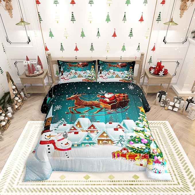 Manfei Christmas Comforter Set Full Size, Xmas Tree Snowman Bedding Set 3pcs for Kids Boys Girls Room Decor, Santa Claus with Reindeer Quilt Set New Year Theme Duvet Set with 2 Pillowcases