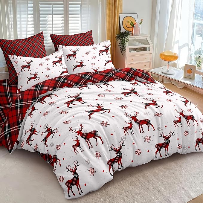 Christmas Duvet Cover Twin Size Red Gingham Christmas Deer Bedding Set 2 Pieces Kids Boys Girls Grid Checked Xmas Snowflake Elk Comforter Cover with Zipper Closure And 1 Pillowcase (No Comforter)